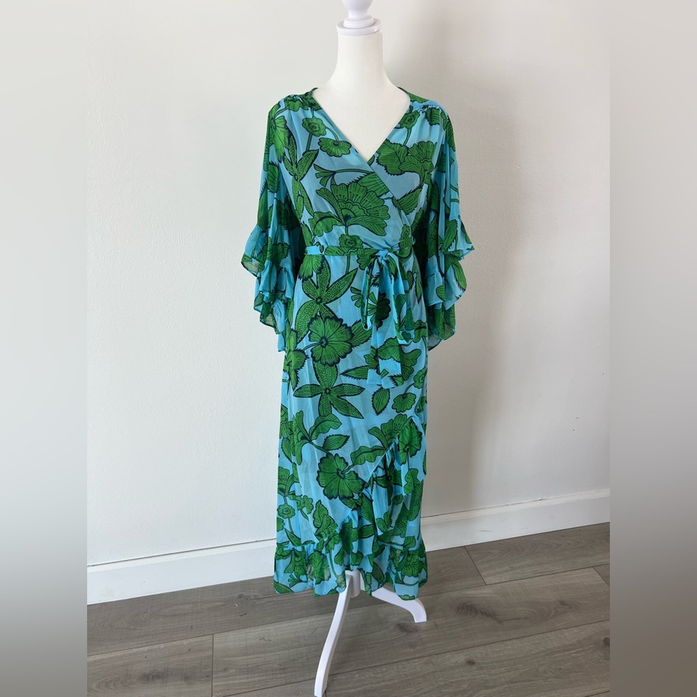 CAbi Derby Dress Light Blue & Green Flutter Sleeve True Wrap Midi Dress Small - Picture 2 of 11
